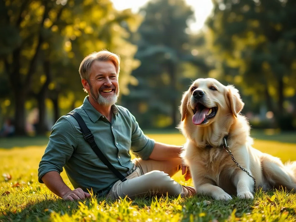 Mężczyzna bawiący się z radosnym golden retrieverem na zielonym trawniku w słonecznym parku.